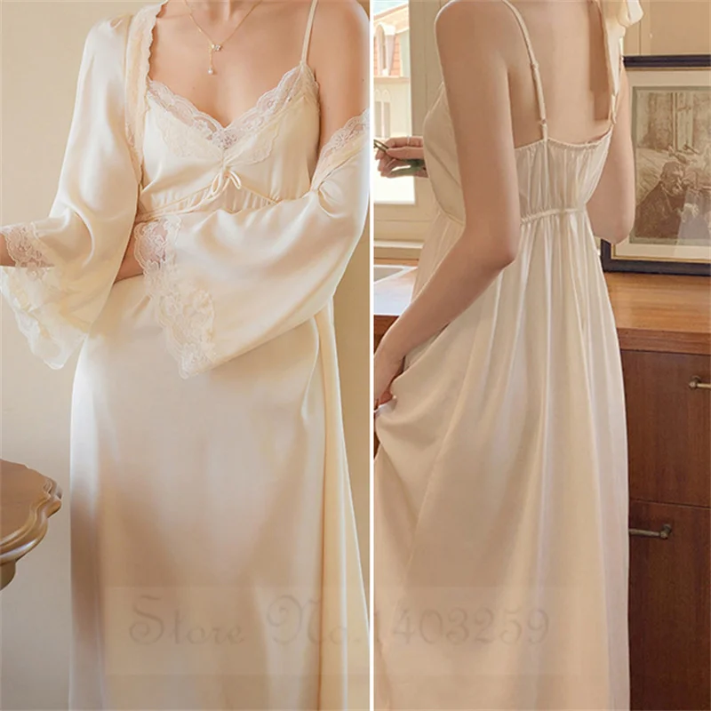 Long Bride Wedding Dress Robe Set Sexy Lace Female 2PCS Sleepwear Nightgown Satin Bathrobe Gown Casual Home Wear Loungewear