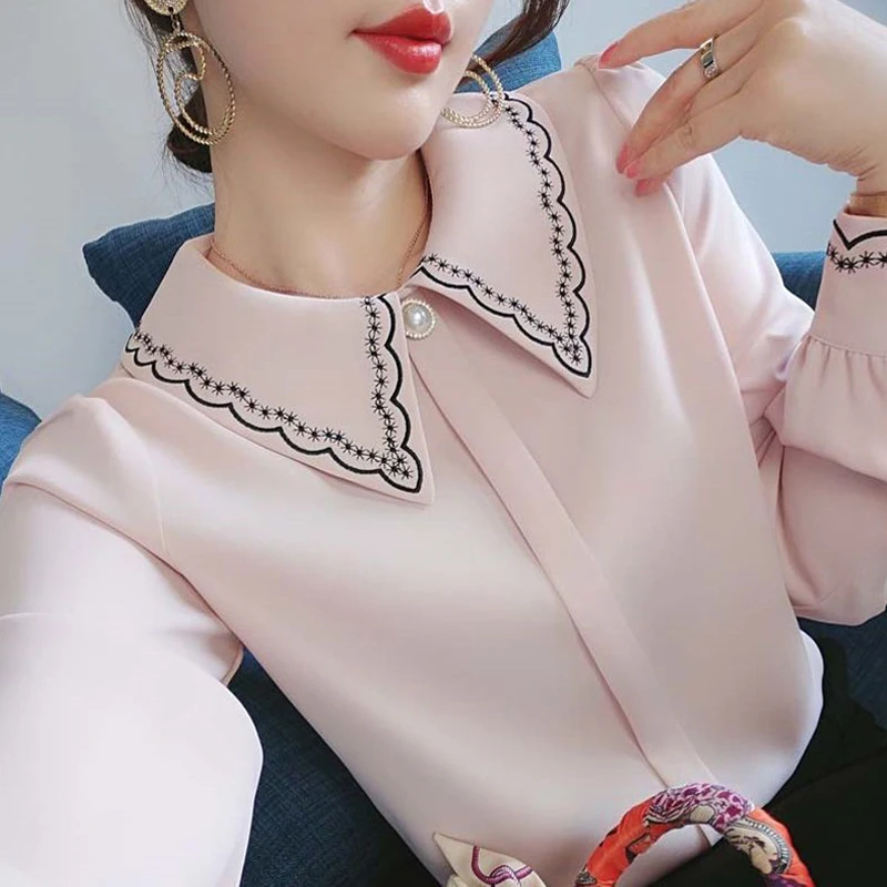 Vrouwen Borduurwerk Kralen Chique Luxe Design Shirts Lente Herfst Mode Kantoor Dame Blouse Effen Lange Mouw Tops Elegante Blusas