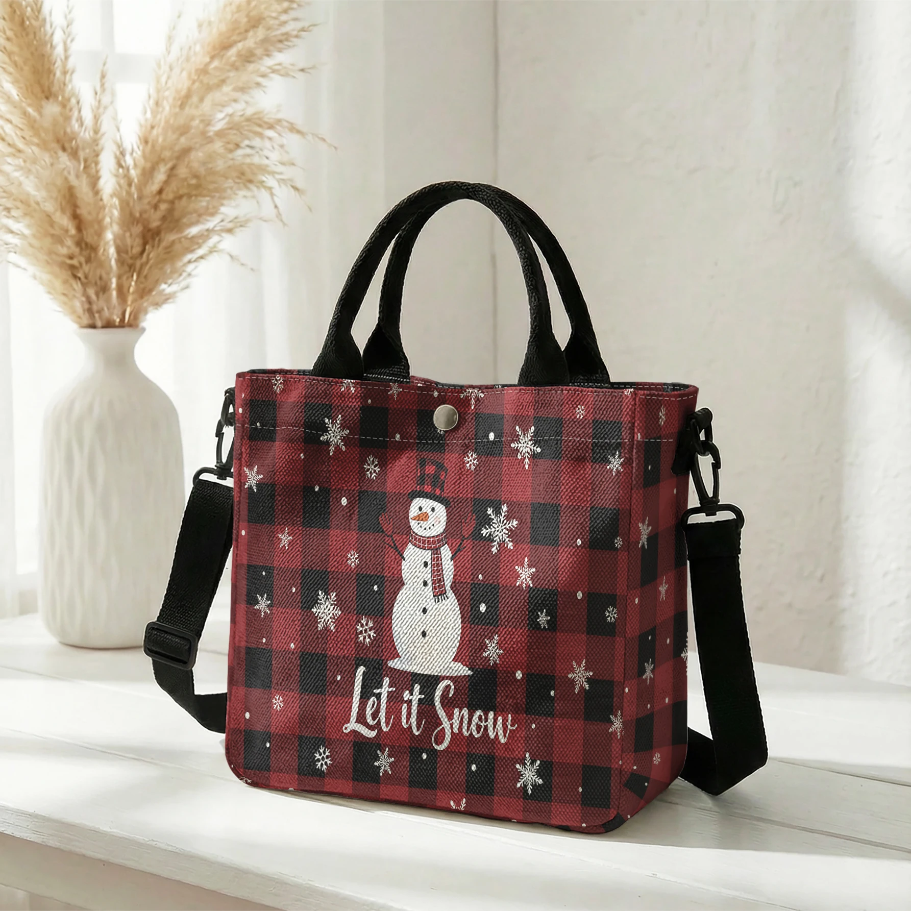 Let It Snow Snowman Red Plaid Print Tote Bag, Detachable Strap Crossbody Handbag For Daily Work Shopping