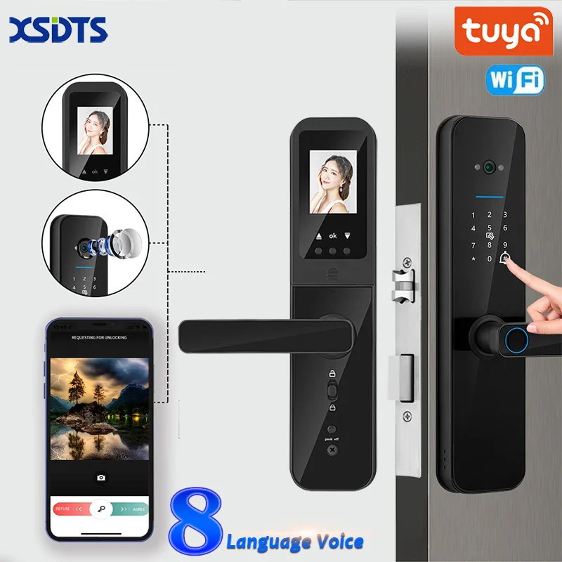 

XSDTS Tuya Wifi Digital Electronic Smart Door Lock With Biometric Camera Fingerprint Smart Card Password Key Unlock