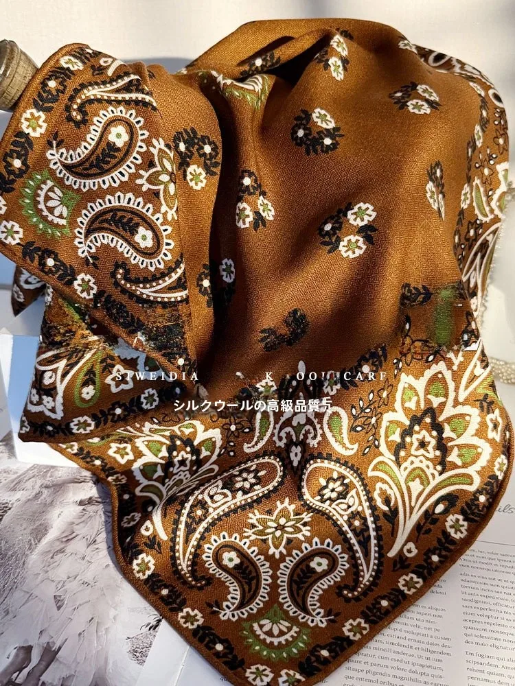 イタリアスタイルのペイズリー柄カシューフラワーシルクウールスカーフ女性用多用途シルクスカーフウールスカーフ65ネックプロテクションスカーフ