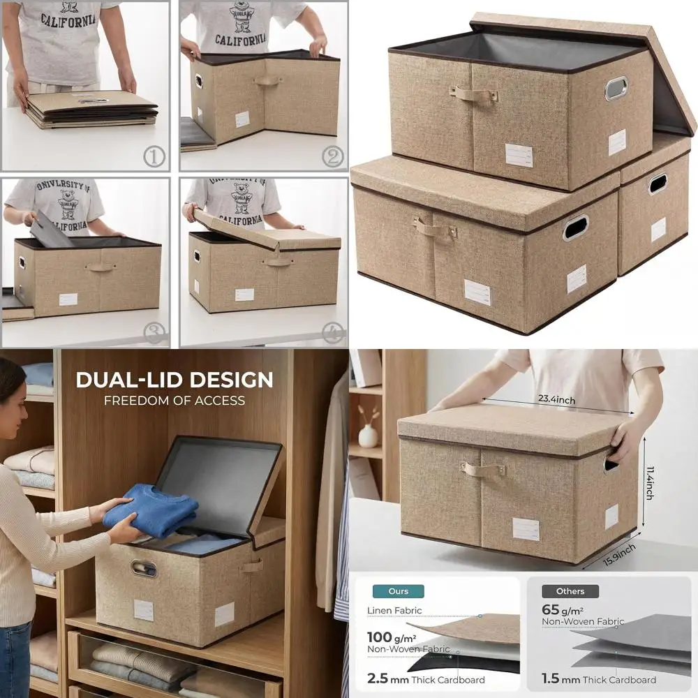 

3-Pack Foldable Jute Storage Boxes with Lids - Khaki Cube Organizers for Home, Bedroom, Closet, Office, Nursery (23.4x15.9x11.5)