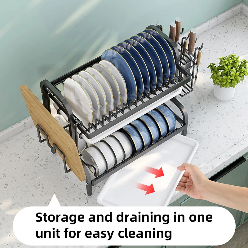 Dish Drying Rack With Knife Chopstick Holder 2-Tier Compact Kitchen Carbon Steel Bowl Dish Drying Rack Rustproof Dish Drainer