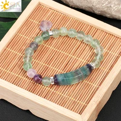 CSJA Reiki Fluorite Crystal Bracelet Natural Stone 8mm Beads Bangle Heart Charm Lucky Stretchy Mala Bangles Healing Jewelry H176