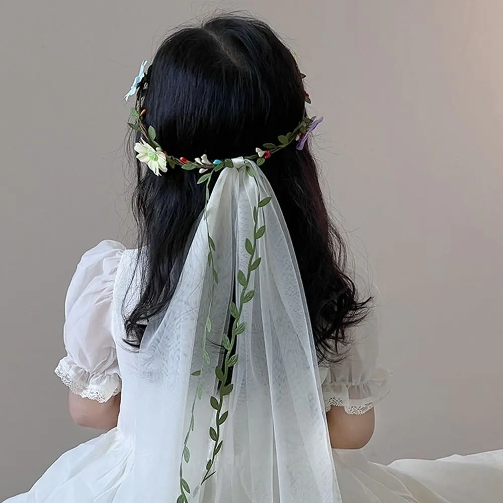 

New Flower Girls Bow Garland Veils Wedding Party Tulle Wreath Children Photography Princess Headwear for Kids