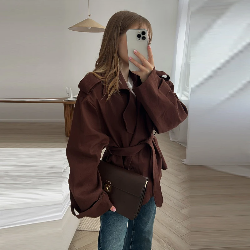 Französischer Minimalistischer Cropped Trenchcoat Büro-Gürteljacken Damen Oberbekleidung Lässig Schick Frühling Stilvolle Tägliche Mode-Outfits – Detail 7