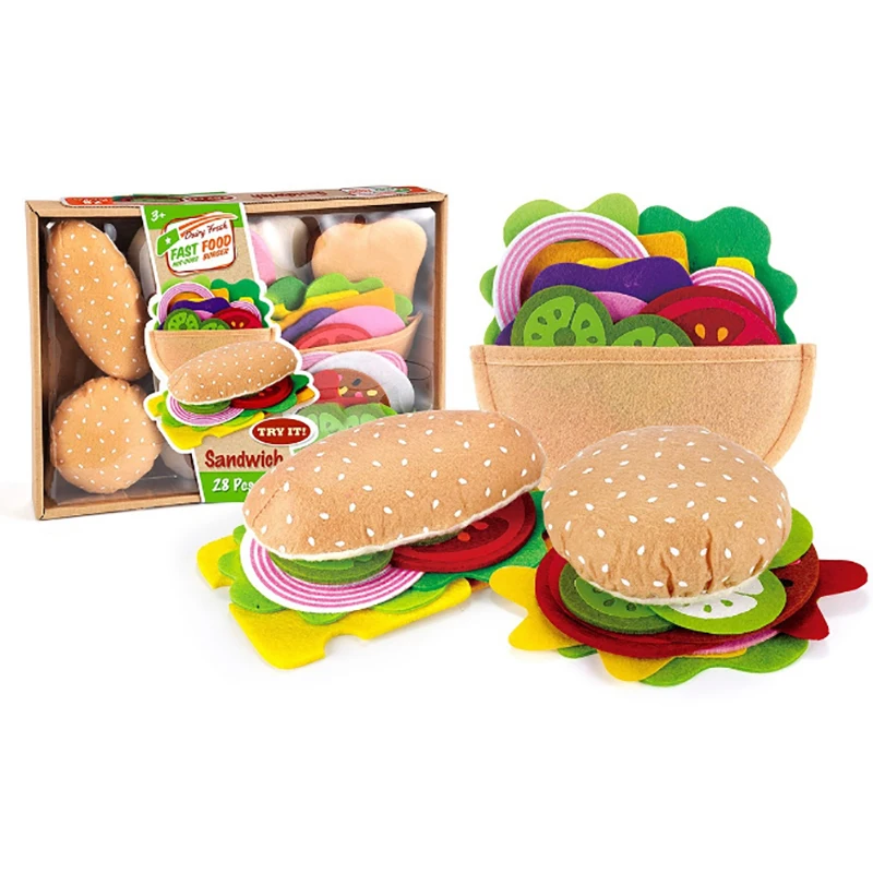 Ensemble de jouets alimentaires en feutre de 28 pièces, idéal pour les enfants, jeu de simulation et jeux de rôle de cuisine, comprend un Sandwich aux hamburgers