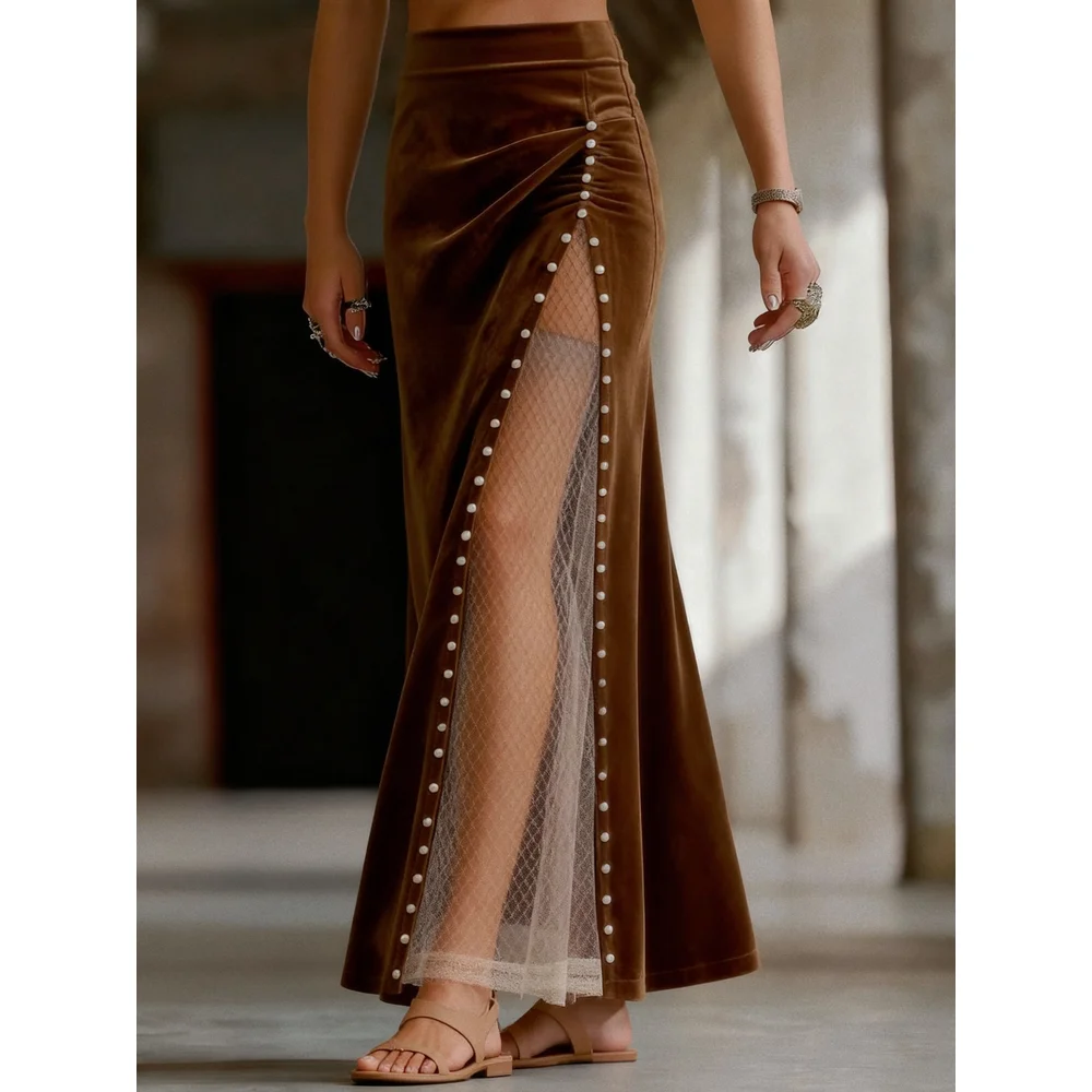 Women Vintage Western Maxi Skirt Mesh Spliced Beaded Decor High Waist Long Half Skirt Party Streetwear