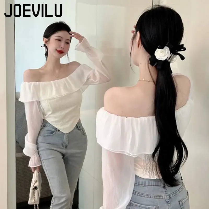 Backless Crop Top Off Shoulder Ruffled Short Waistband Chic Blouses Women's Korean Sexy Curved Hem Bubble Sleeved Chiffon Shirts