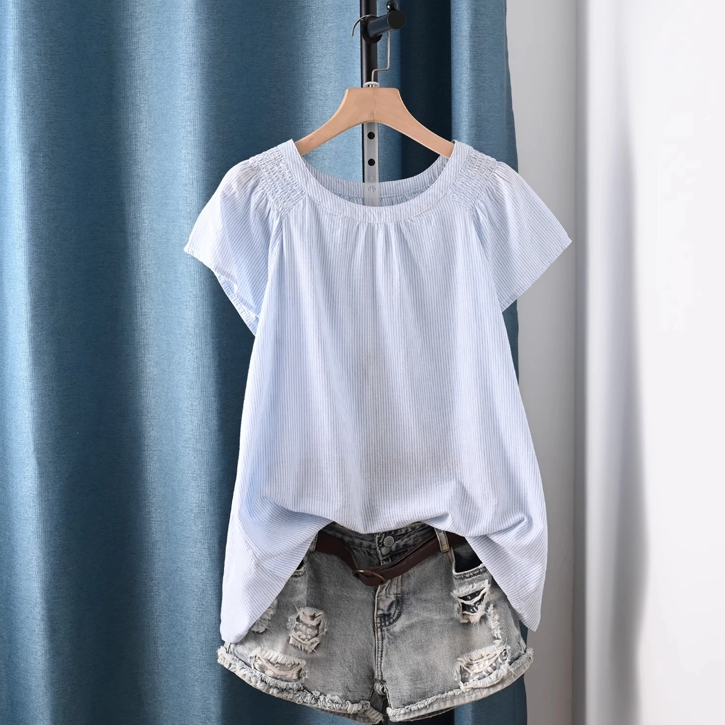 

Korean tops summer 100% cotton blue white striped shirts short sleeve blouses for women summer tops cute clothes