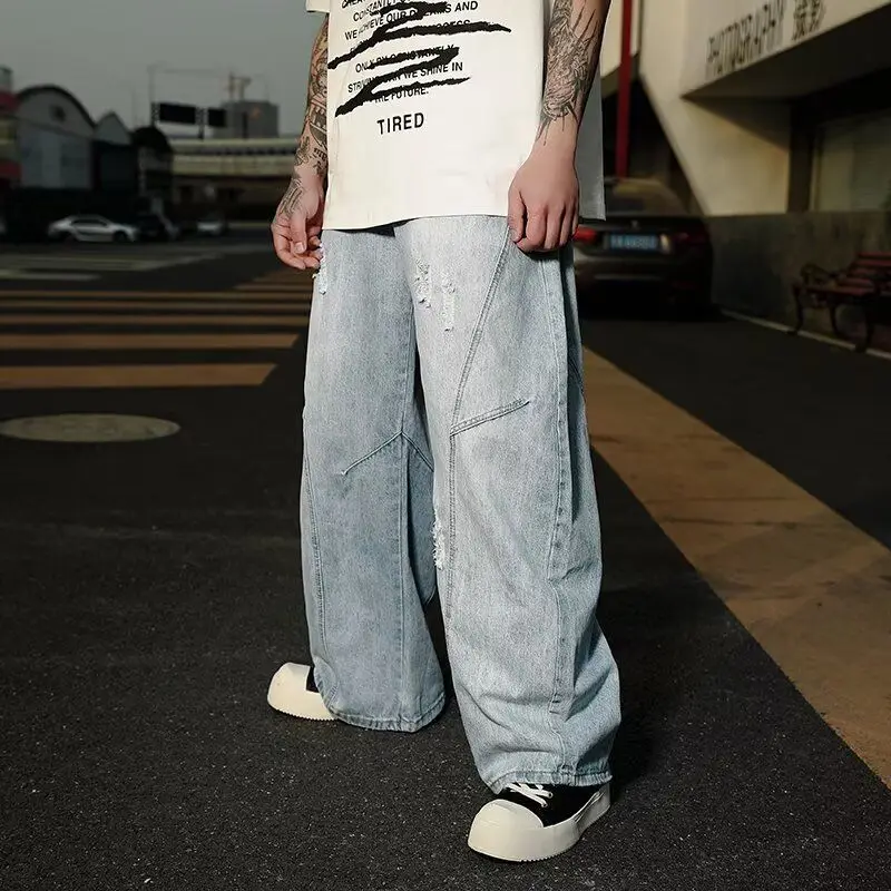 

Джинсы прямого кроя в американском ретро-стиле хип-хоп, свободные, широкие, с эффектом потертости, светло-голубые, молодежные, повседневные