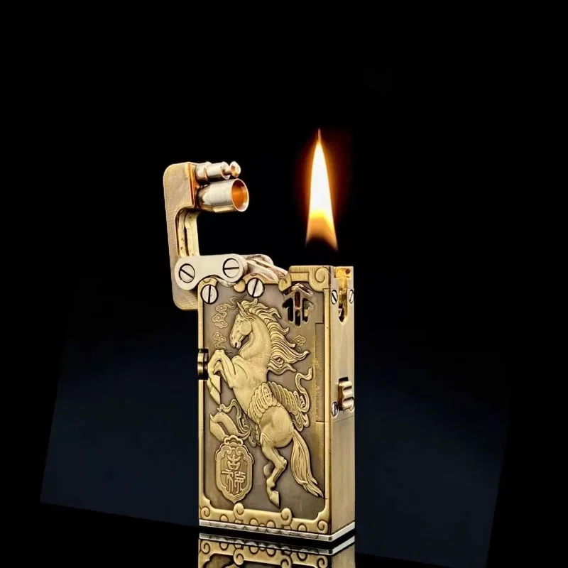 LONGSHE 8th Generation Embossed 12 Zodiac Pattern Lighter, Press Ejection Ignition Brass Oil Machine, Cool Gift for Men
