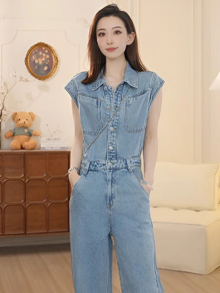 Niebieskie jeansowe spodnie jednoczęściowe damskie, proste nogawki, wysoki stan, spodnie na lato 2025, koreański styl, luźne, wyszczuplające.
