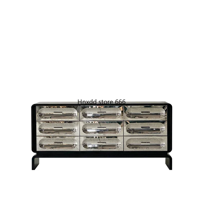 Stainless steel capsule side cabinet against the wall for home storage, drawer and chest cabinet