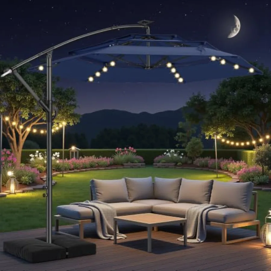 Offset patio umbrella for outdoor use, aluminum frame with beige fabric, integrated solar-powered LED lights for evening ambian