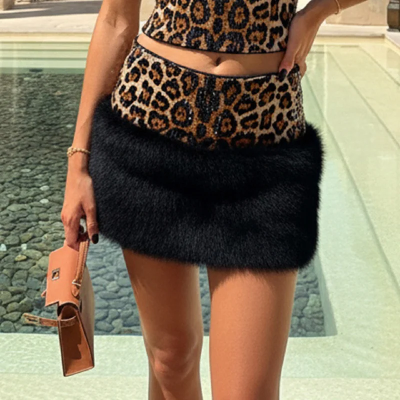 

Новая меховая лоскутная мини-юбка с леопардовым принтом Spicy Girl, сексуальная короткая юбка с блестками для женщин, осень