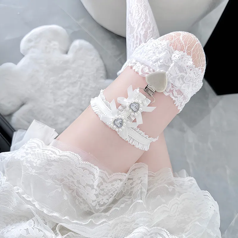 

Japanese Lolita Sweet Love Rhinestone Leg Socks Ring Bow Cute White Leg Chain Lace Lolita Lace Socks