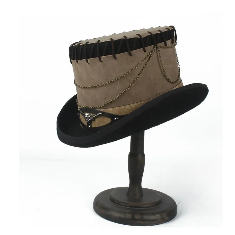 Handmade 13.5CM Black Wool SteamPunk Top Hat For Women Men Leather Fedora Hat Millinery Goggles Party Cosplay Cap Steampunk Hat