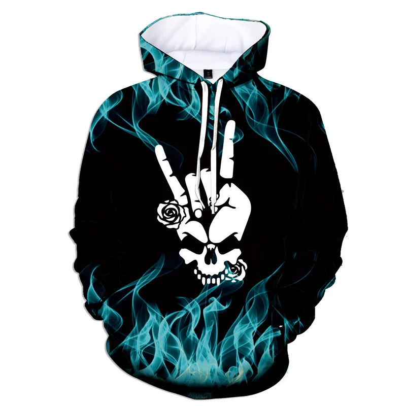 Cool Flame Pattern Graphic Hoodie For Men Gesture Skull 3D Printed Sweatshirt Casual Pullover Loose Hoodies Long Sleeve Tops