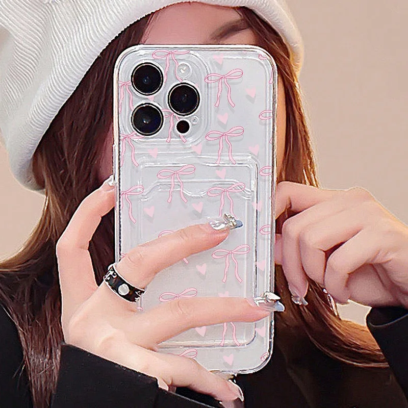 Transparent Card Slot Bag Holder Wallet Case For iPhone 16 15 14 Pro Max 13 12 11 XS X XR 7 8 Plus SE 2022 With Bow Print Cover