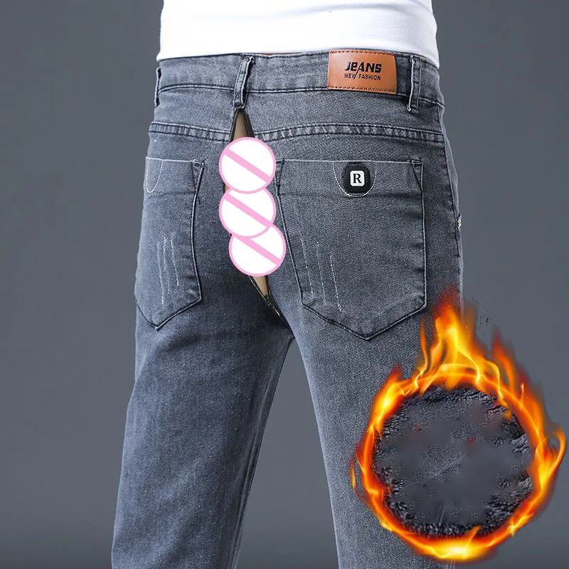 Open Crotch Outdoor Sex Men Warm Jeans Winter New Thick Velvet Slim Fit Business Casual Pants Classic Elastic Cotton Denim Pants