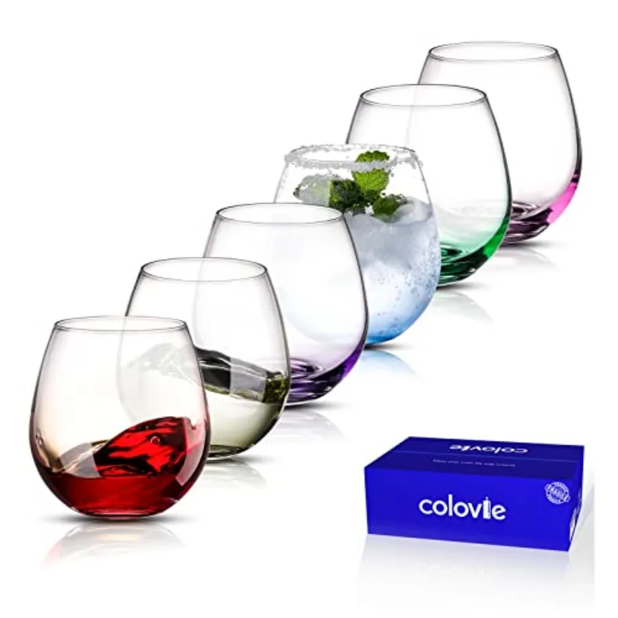 

15oz Steml es Set of 6, Lead-Free Crystal Colored Gradient, Iridescent Ombre ware for Red and White, Unique Housewarming and Bi
