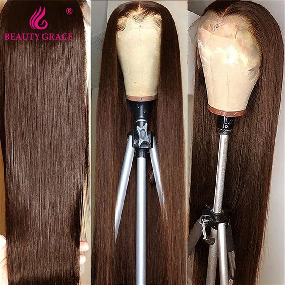 

Beauty Grace 250 Density Chocolate Brown Straight 13x4 Lace Front Human Hair Wig HD Lace Frontal Wigs Remy Human Hair Wigs