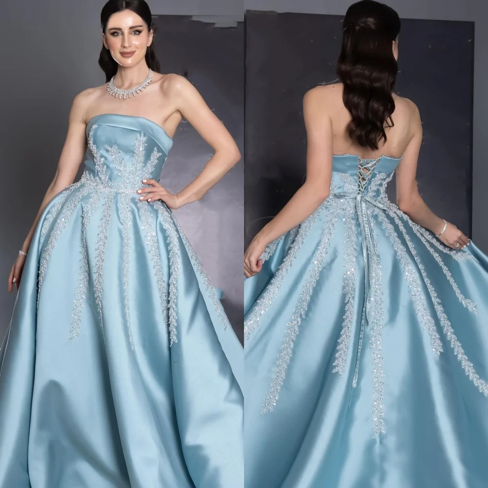 

Jiayigong Satin Beading Sequined Draped Graduation A-line Strapless Bespoke Occasion Gown Long Dresses