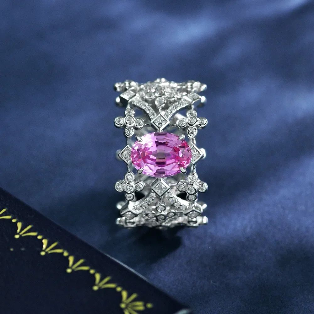 

2025 S925 silver egg shaped 6 * 8 European and American fashion 2-carat pink cultivated blue treasure ring wedding jewelry