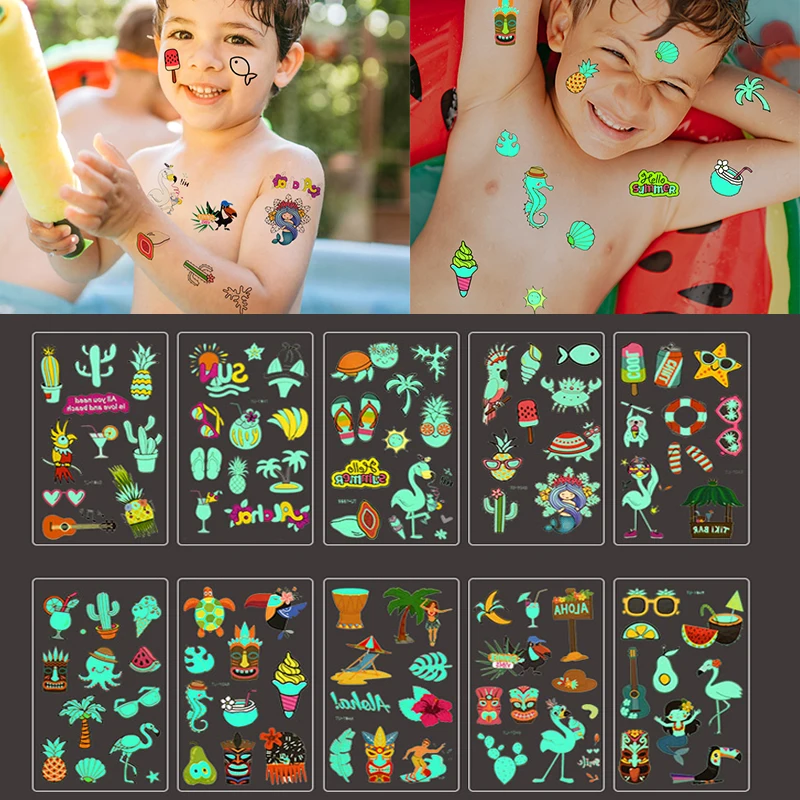 10 sheets Luminous Hawaiian Tattoo Stickers Glow Kids Cartoon Waterproof Temporary Stickers Beach Pool Aloha Luau Party Decor