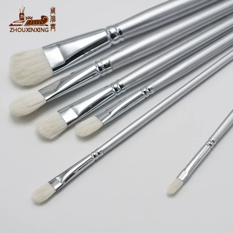 ZHOUXINXING 6pcs set Pure wool Silver color Easy to grip wood rod artist paint brush  gouache watercolor brush drawing supplies