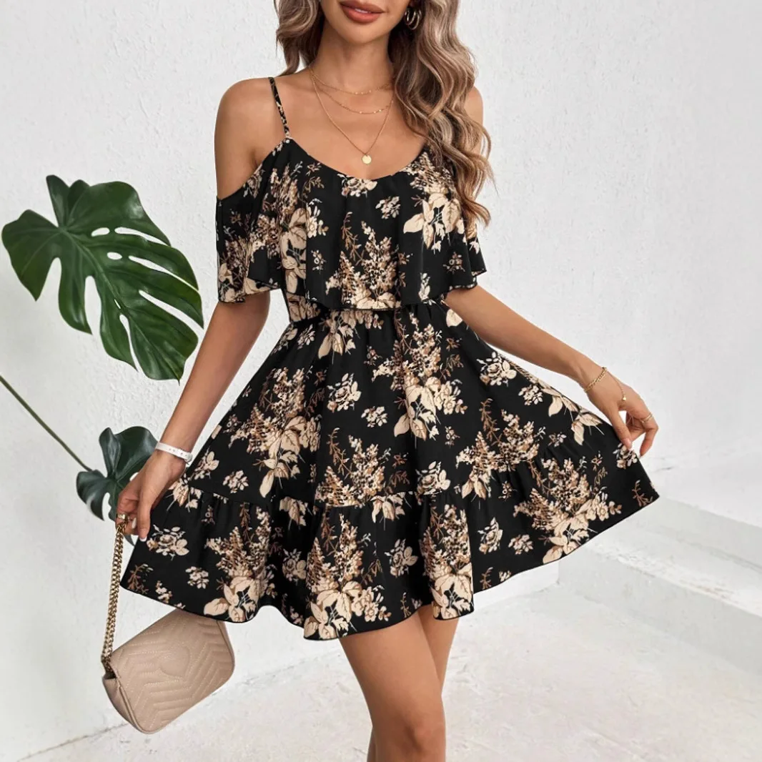 Abito classico con stampa bohémien dolce, abito da spiaggia allentato casual con scollo a V e scollo a V