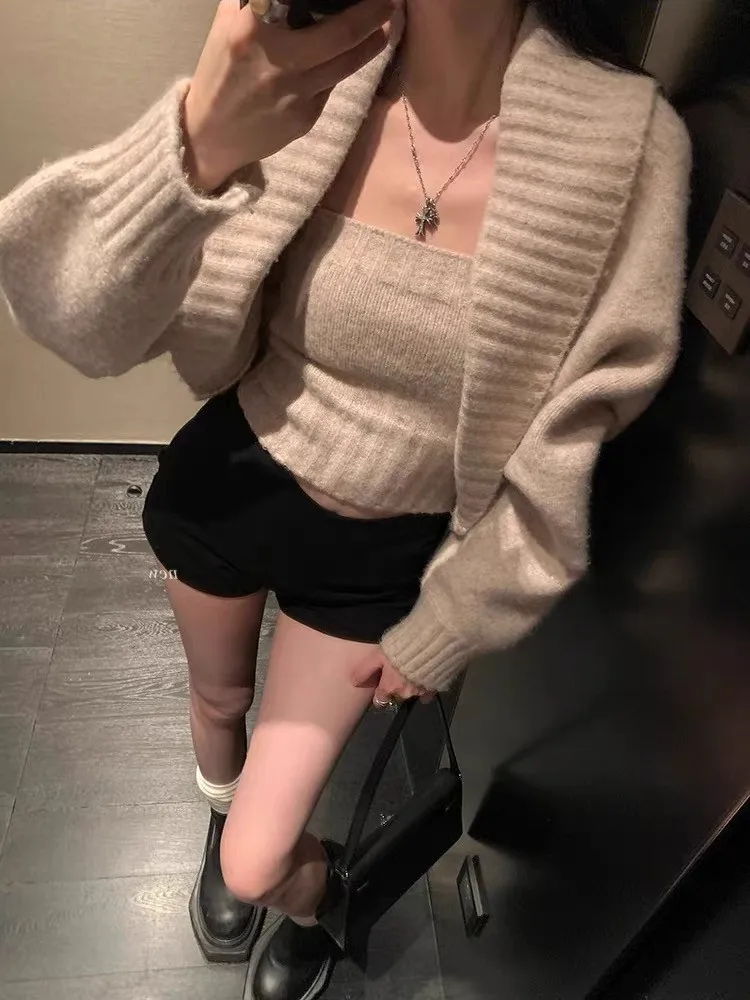 Women New Fall 2 Pieces Sets Knitted Slash Neck Little Vest Camis&Long Sleeve Short Cardigan Shawl Casual 2 Piece Knitwear