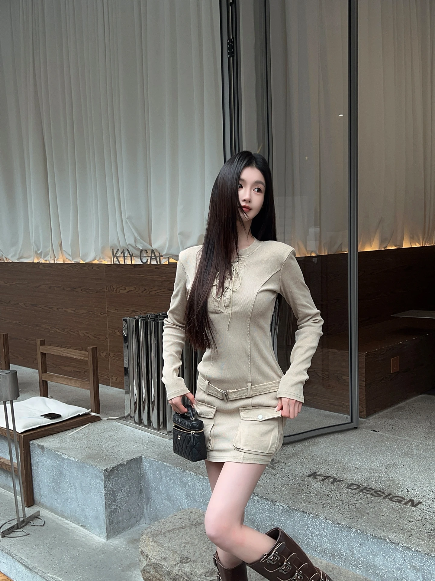 

FairyJiang Khaki Workwear Long Sve V-Ne Waist-Cinched Dr ort Tight Butt-Flattering Skirt Casual Sle S-Fit