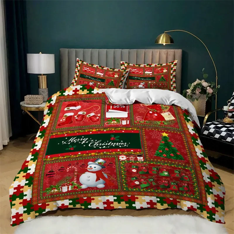 Christmas Socks Queen Duvet Cover Santa Claus Trees Bedding Set Microfiber Cartoon Comforter Cover For Kids Teens Adults Decor