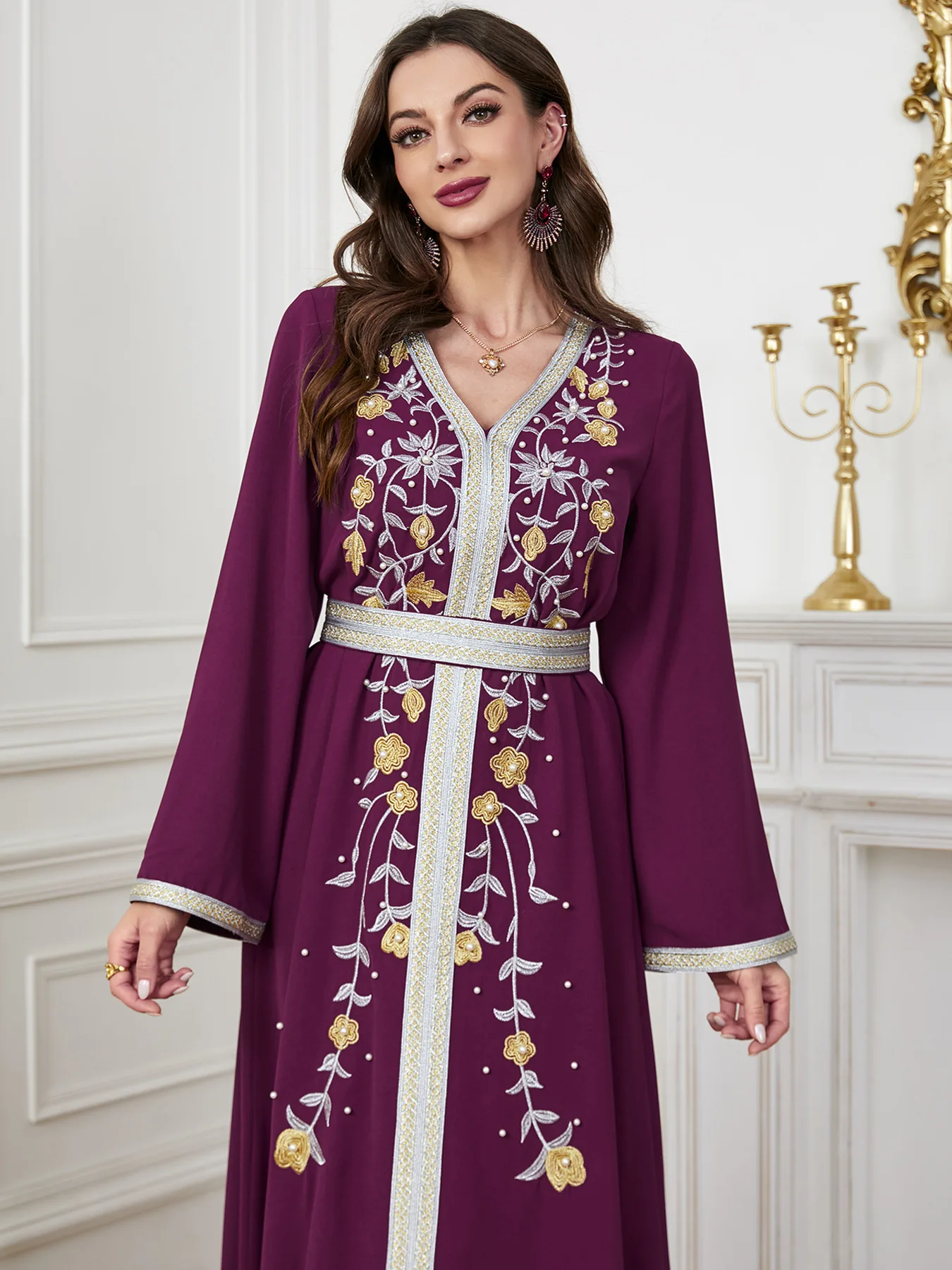 Autumn Embrodiery Eid Muslim Party Dress for Women Jalabiya Abaya Ramadan Long Dresses Abayas Woman Lace-up Caftan Vestidos Robe