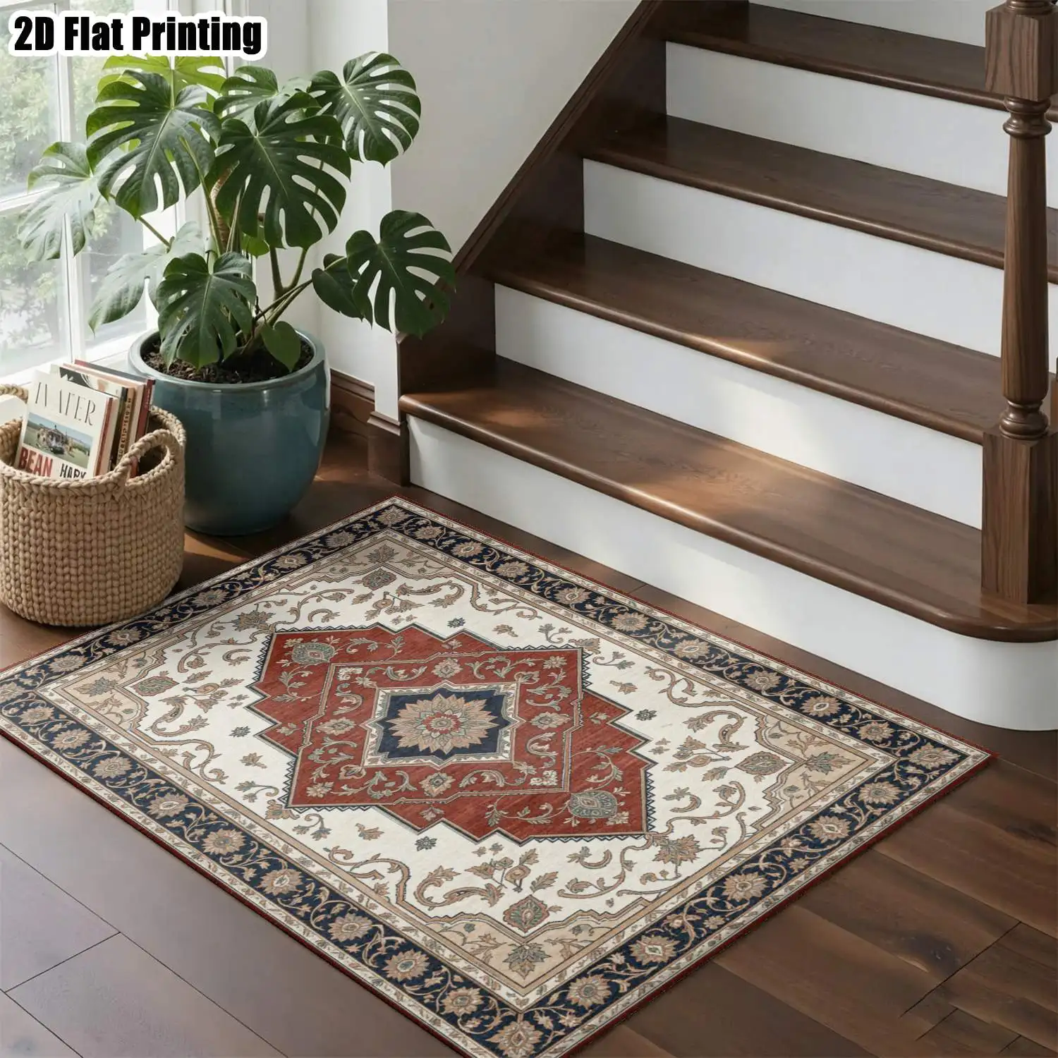 1Pc 2D Printed Retro Brown-Red Floral Pattern Carpet, European/Vintage/Bohemian Style, Home Decor, Multi-Size, Machine Washable, for Multi-Scene Use