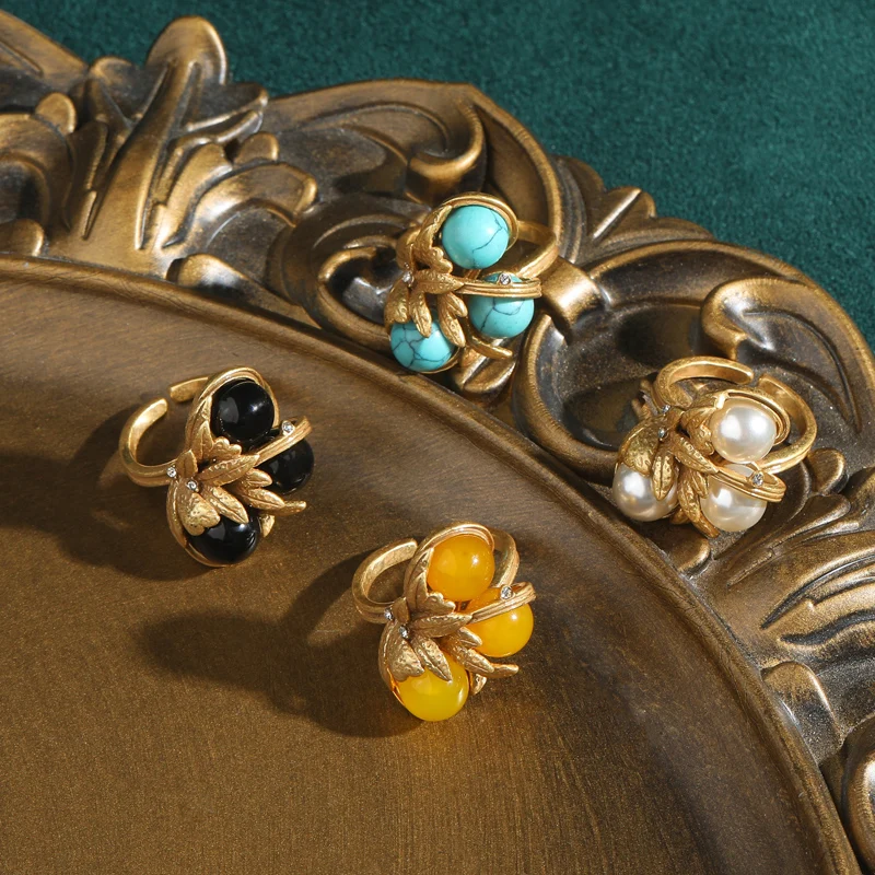 

Vintage Black Agate Ball Gold Color Leaf Pearl Rings Elegant Luxury Jewelry Designer Trendy 4 Colors Wedding New Trends 2025