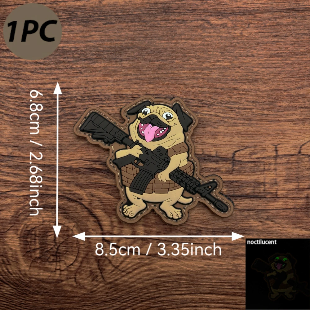 Cartoon Tactical Pug-Shaped Soft Rubber Morale Patch 2D Flat Pvc Material with Glow-In-The-Dark Effect, Magic Tape Patch, Free Backing Cloth, Versatile Vest, Helmet, Functional Backpack, Protective Clothing, Equipment Storage Box, Outdoor Decorative Badge view 2