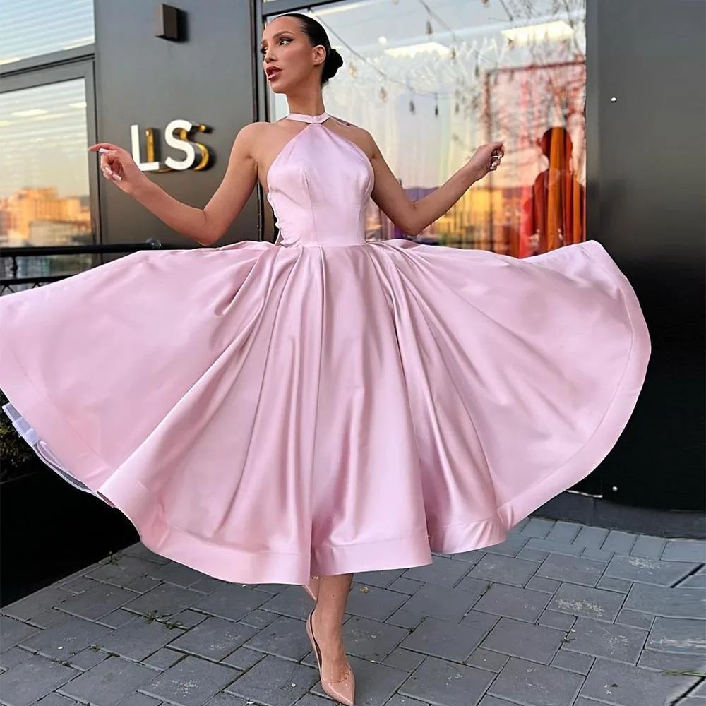 

Sevintage Pink Satin Prom Dresses Halter A Line Tea-Length Short Evening Dress Wedding Party Gown Women Dance Skirt 2022