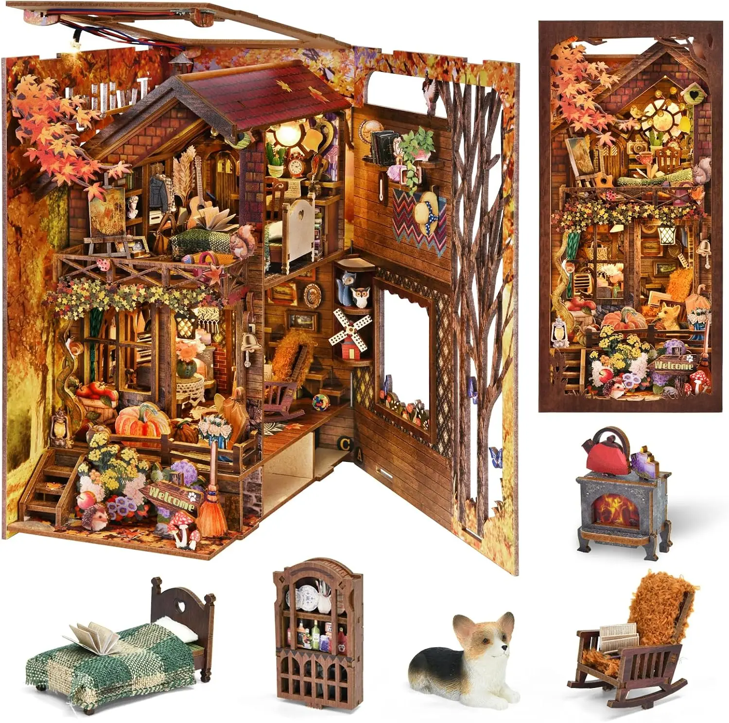 Book Nook Kit, Book Nook Kits for Adults | DIY Miniature Dollhouse Kit 3D Wooden Puzzle Booknook Bookend with LED Light