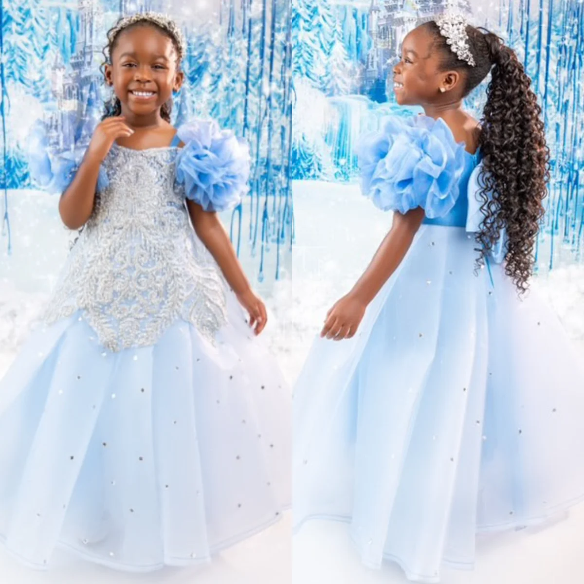 

Небесно-голубые платья принцессы с цветочным узором для девочек, детское праздничное платье с бисером для девочек, бальное платье, платья на день рождения