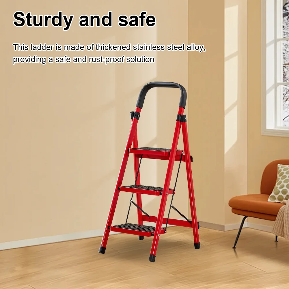 3 Step Folding Ladder Sturdy Steel Ladder 300 Lbs Load Capacity Sturdy& Portable Stepping Stools for RV Attic Daily Use at Home