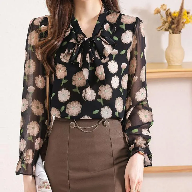 Spring Summer New Floral Printed Shirt Elegant V-Neck Drawstring Female Clothing Stylish Commute Loose Korean Long Sleeve Blouse