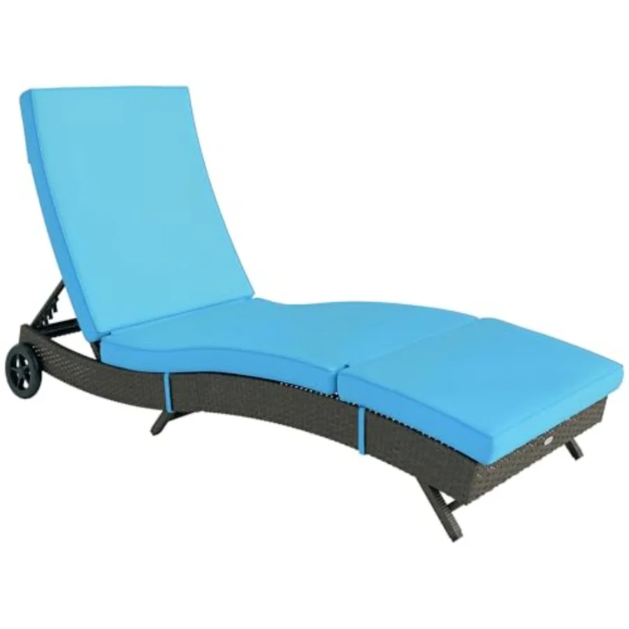 Wicker Chaise Lounge Chair for Outdoor Use, PE Rattan Material, Sky Blue Color, 5-Level Adjustable Backrest with Cushion and Wh
