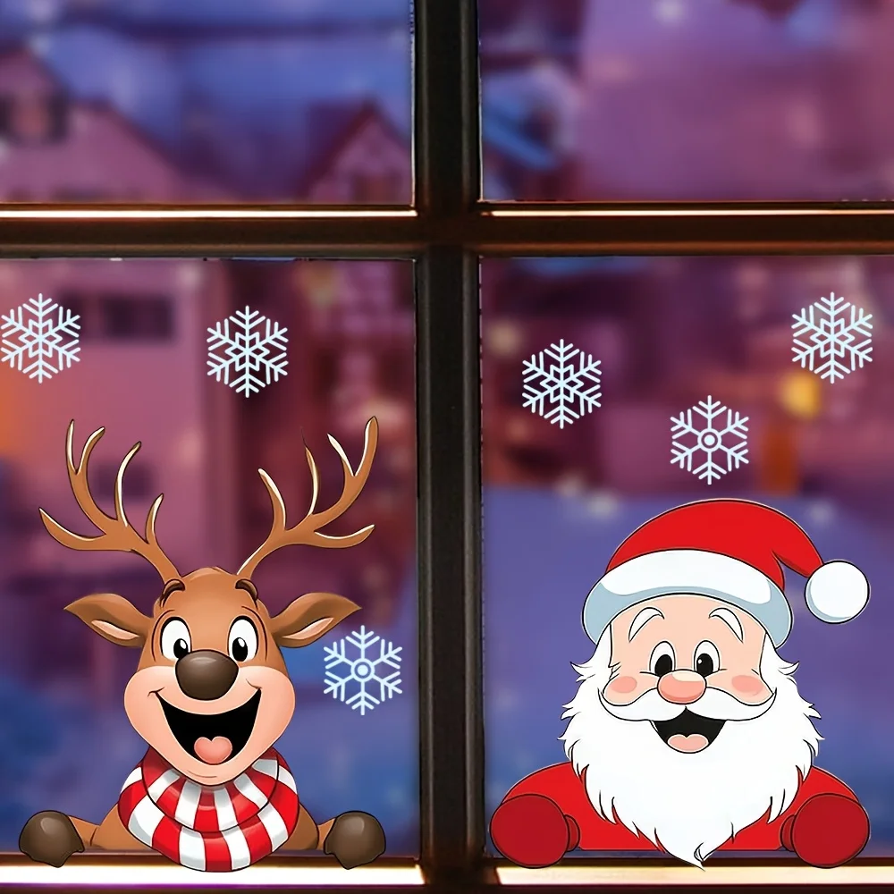Christmas Window Stickers - Reindeer, Santa Claus & Snowflakes, Self-Adhesive Plastic Decals for Holiday Party Decorations