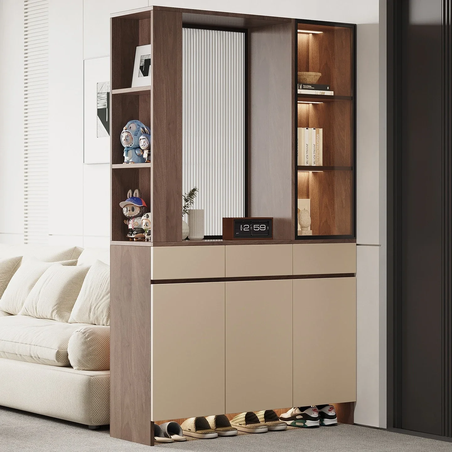 The entrance cabinet is oppositedoor,shoe , living room foyer  is integrated against wall