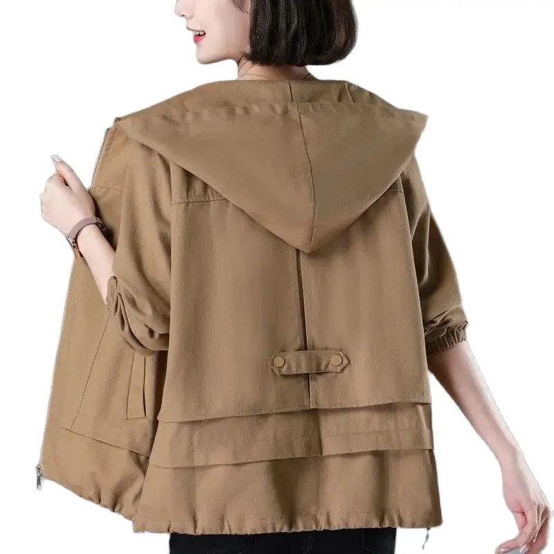 

khaki Short Jacket Women's Tops 2024 Spring Autumn New Loose Thin Middle-Aged Hooded Coat Fashion Jackets Female Outerwear