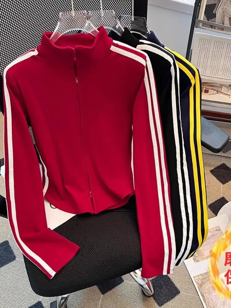 New Year Red Base Shirt Women's Zipper Stand Collar Flocking T-Shirt American Retro Striped Early Autumn Fashion Commute Style