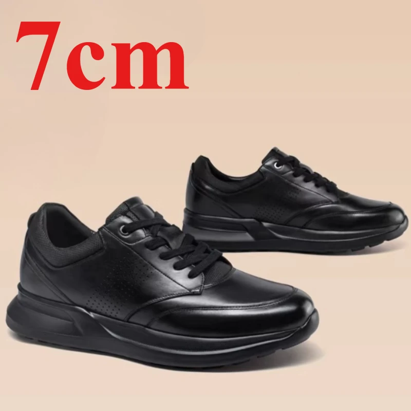 White Heightening Shoes for Men's 7cm Elevator Genuine Leather Breathable Casual Sneakers Thick-soled Height-increasing Shoes